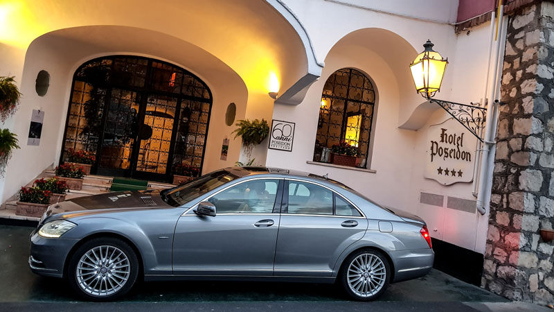 Private Mercedes limo waiting for clients at Hotel Poseidon in Positano