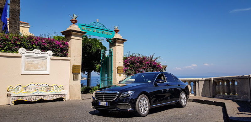 Mercedes E Class ready for a private transfer from Hotel Bellevue Syrene in Sorrento to Naples airport