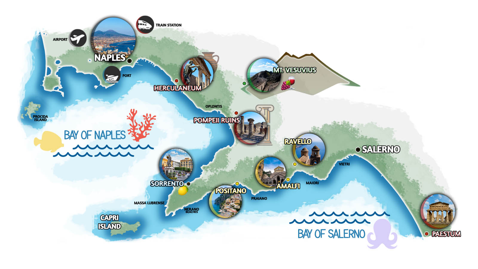 Map of best places around Naples, Sorrento and Amalfi Coast